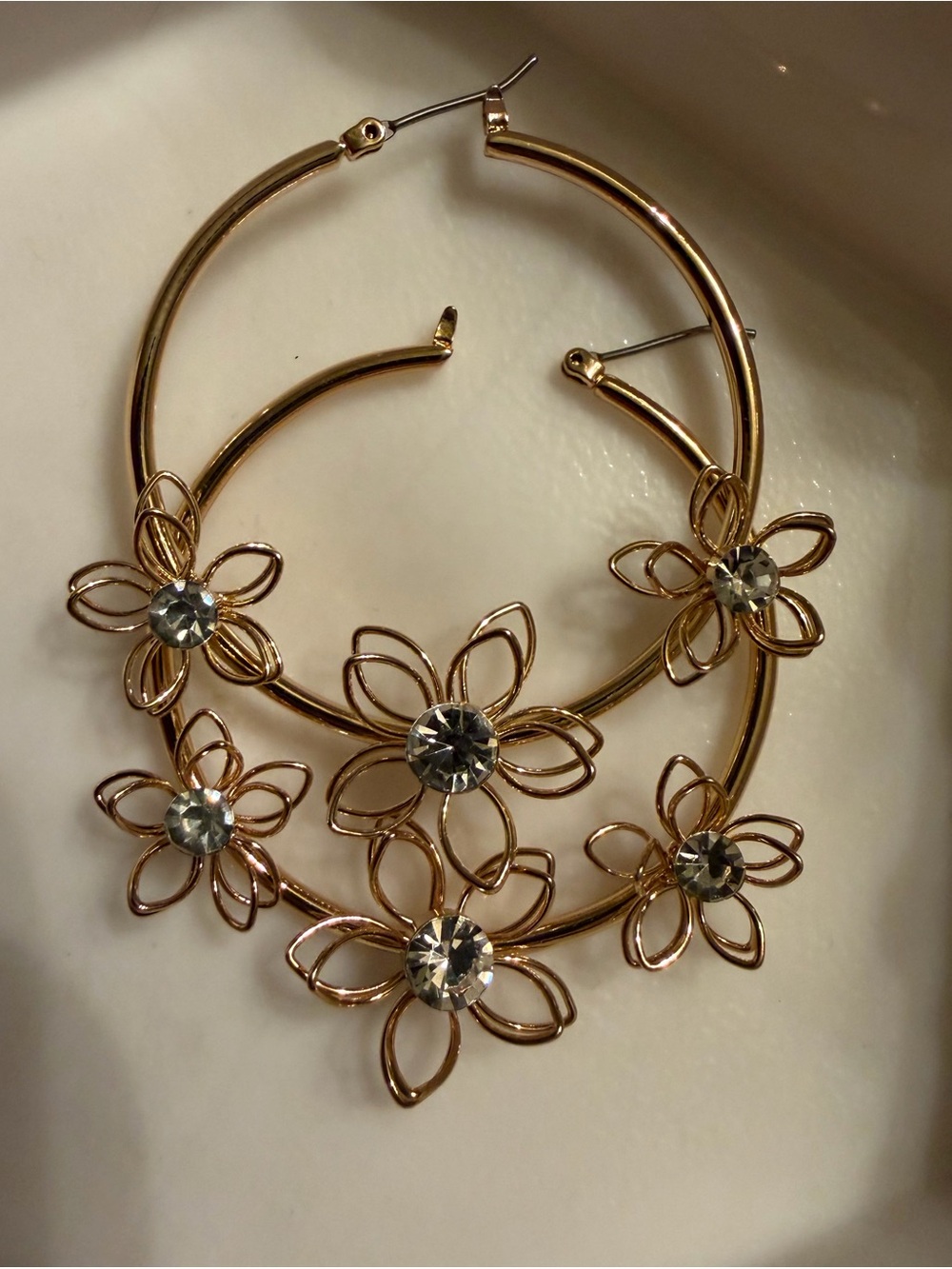 Nine West Gold Floral Hoop Earrings with Crystal Centers